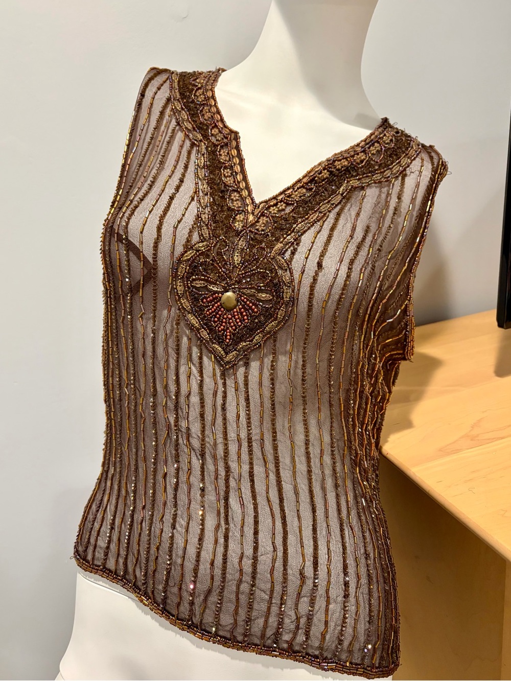 Caroll 100% Silk Hand Beaded Sheer Brown Evening Top